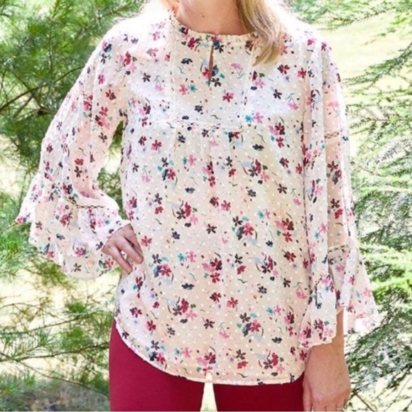 Matilda Jane Blouse Womens Medium M Cream Floral What’s Up Buttercup Swiss Dot - Picture 1 of 11